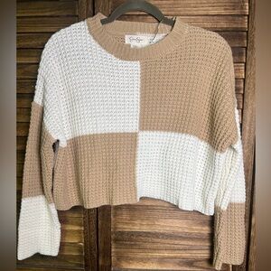 Jessica Simpson Beige White Long Sleeve Women Sweater 
Color Block Knit Sweater